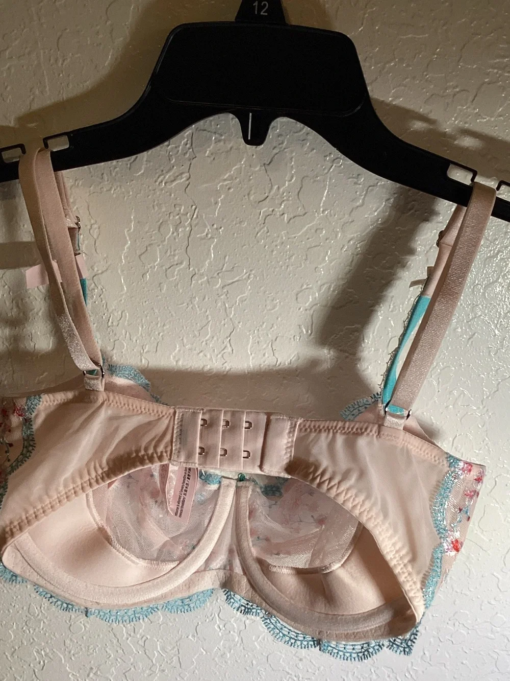 Sheer Pink Embroidered Balconette Bra with Turquoise Trim